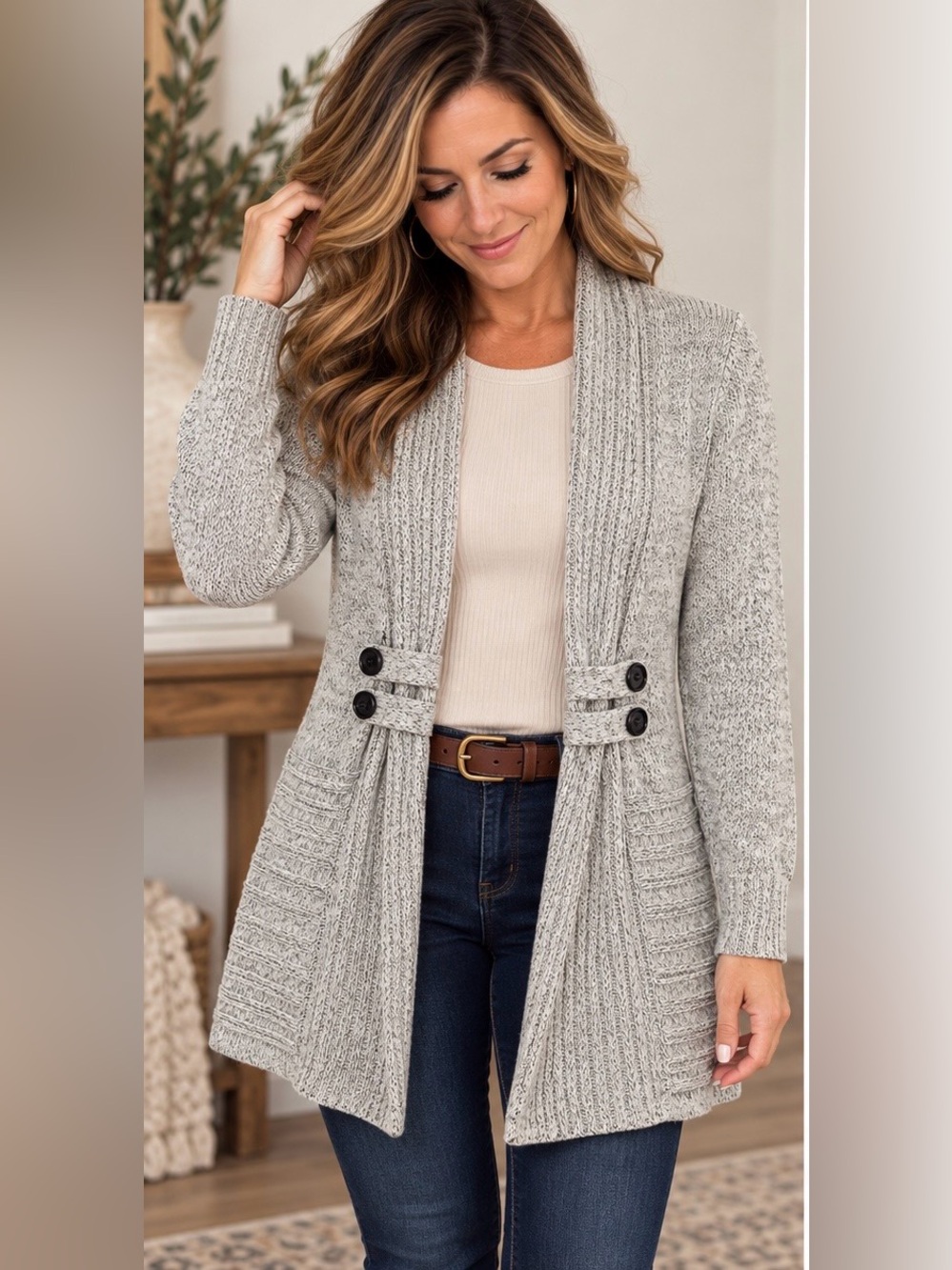 Cozy Open-Front Textured Cardigan in Light Gray